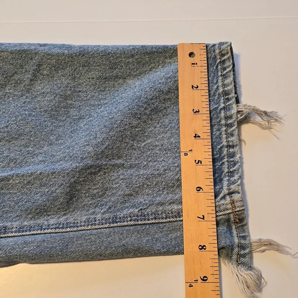 American Eagle High Rise Baggy Straight Jeans Womens 8 Reg Blue Thrashed Ripped